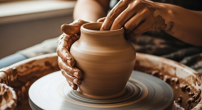 Potter's hands shaping wet clay on a spinning wheel. Artisan creating a ceramic pot, traditional craftsmanship and pottery art.