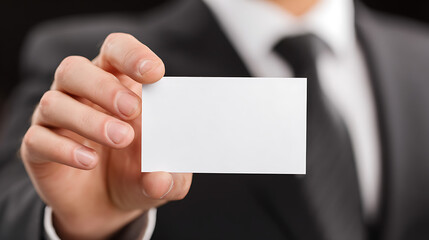 Obraz premium Close-up of a businessman in a suit holding a blank business card, isolated on a clean background, perfect for branding, corporate identity, and marketing concepts.