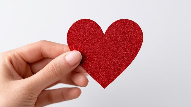 Hand holding a vibrant red glitter heart shape, symbolizing love and affection, against a clean white background, perfect for romantic themes and celebrations - Powered by Adobe