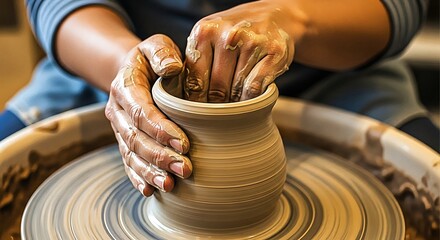 Skilled hands molding wet clay on a pottery wheel, crafting a ceramic pot in a workshop