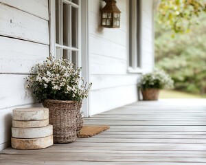 Naklejka premium Wooden home with flowerfilled boxes, soft glow, and rustic porch arrangement