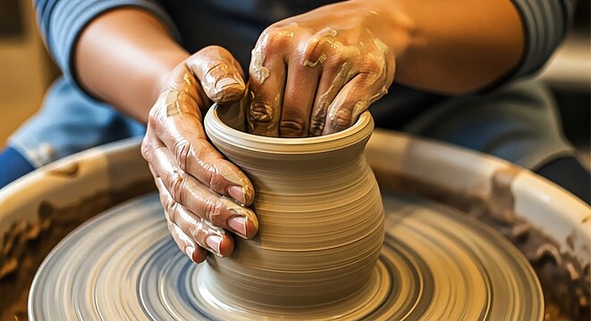 Skilled hands molding wet clay on a pottery wheel, crafting a ceramic pot in a workshop