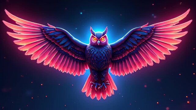 Brightly colored owl with glowing eyes flying in the night sky