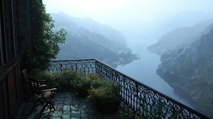 Obraz premium Imagine escaping to this stunning mountain view from a tranquil balcony with chairs, flowers, and a serene lake, perfect for travel bloggers and dream vacation ads