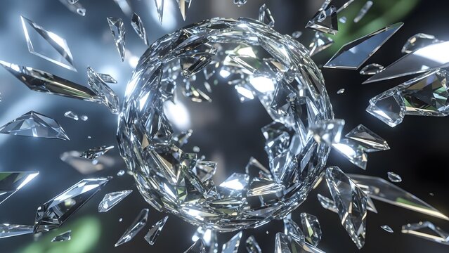 Shattering Diamond Sphere with Dynamic Flying Shards perfect for website banner, presentation background, conceptual design, digital art, advertising,