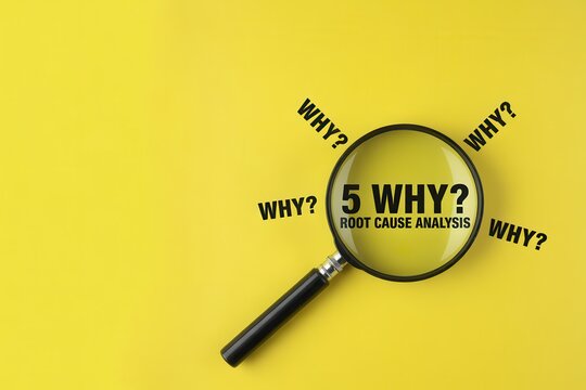 Magnifying glass over text 5 why for root cause analysis