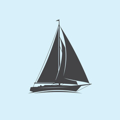A sleek sailboat glides gracefully across the calm, light blue waters, its dark sails catching the gentle breeze, symbolizing freedom, adventure, and the serene beauty of marine exploration