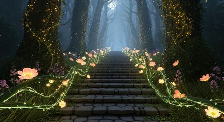 Enchanted staircase leading to heavenly light in a magical forest