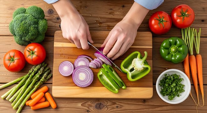 Healthy cooking: Hands chopping fresh red onion on a wooden board, surrounded by various vibrant vegetables