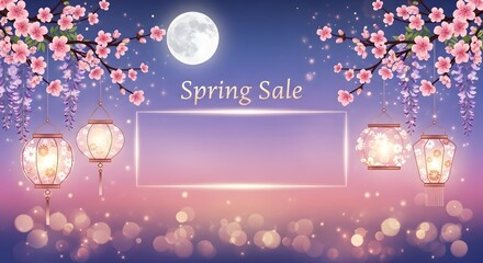 Spring sale background with blossoms lanterns moon and empty frame