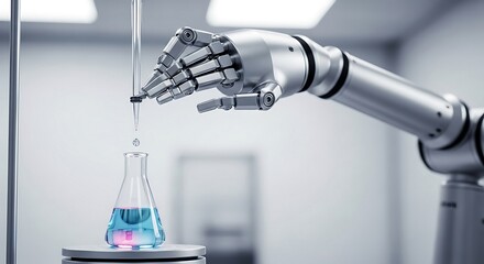 Robotic arm precisely dispenses liquid into a laboratory flask, showcasing advanced automation in scientific research and development.