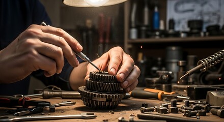 Precision work: Mechanic's hands carefully assembling intricate metal gears with a tool in a dimly lit workshop setting.