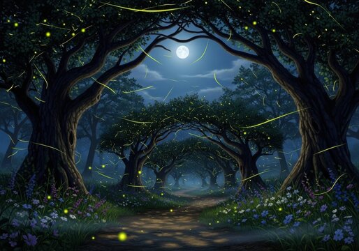 Enchanted forest path under a full moon with fireflies