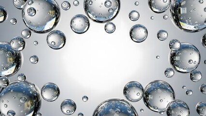 Transparent Water Bubbles Floating on a Clean White Background perfect for website background, presentation slide, cosmetic advertisement, cleaning product