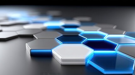 A close-up, shallow depth of field view of a repeating pattern of hexagonal shapes. Some hexagons are white, some are dark blue, and others are metallic gray. B