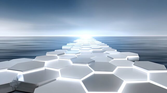A futuristic, glowing hexagonal pathway extends into the distance, crossing a body of water towards a bright, luminous horizon. The scene evokes a sense of prog