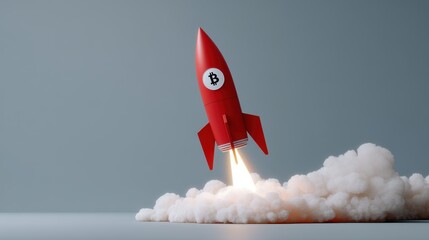 Rocket launching bitcoin in modern space digital art futuristic environment