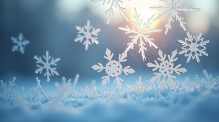 Beautiful Close-Up of Sparkling Snowflakes Falling on Frost-Covered Ground Against a Blurry Bright Winter Sun