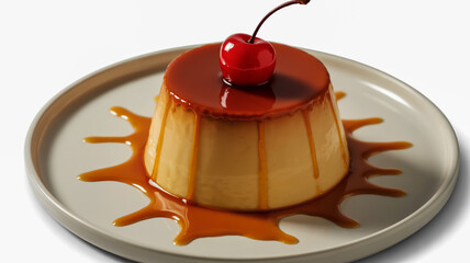 Delicious flan dessert topped with caramel sauce and a fresh cherry on a plate