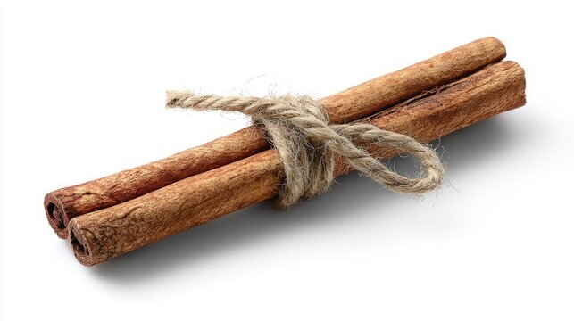 Two cinnamon sticks tied with twine on a white background.