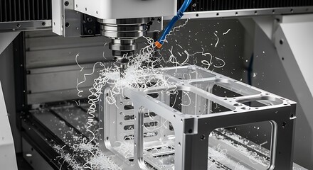 CNC Machine Milling Aluminum Part with Coolant and Metal Shavings in a Manufacturing Facility.