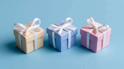 Obraz premium Three small gift boxes in pastel colors with white ribbons on a blue background.