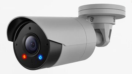 Modern outdoor security bullet camera with red and blue indicator light isolated on white background
