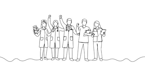 A single continuous line of a healthcare professionals celebrating global health achievements, vector illustrator