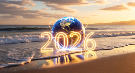 Envisioning a Brighter Global Future The Year 2026 Illuminated on a Serene Beach Horizon, Symbolizing Hope and New Beginnings