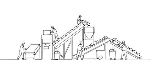 Obraz premium A single continuous line of a recycling plant with workers, symbolizing waste management technology, vector illustrator