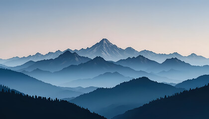 Layered mountain range silhouette at sunrise with soft blue haze
