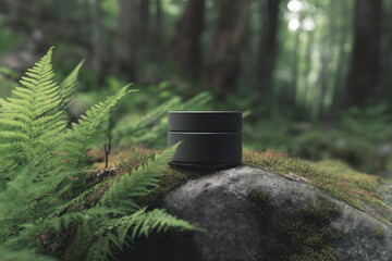 Mockup of a matte black cosmetic jar sits on a moss-covered rock, surrounded by fern leaves in a dense green forest. Organic care, naturalness, safe ingredients, eco-friendly concept.