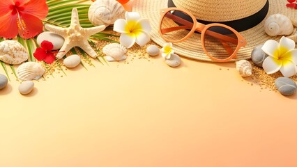 Fototapeta premium Tropical Summer Beach Vacation Flat Lay with Hat, Sunglasses, and Seashells perfect for website banner, social media post, travel brochure, greeting card, blog