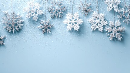 Delicate white snowflake decorations on a soft blue background, evoking a serene winter ambiance.