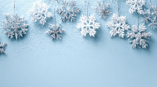 Delicate white snowflake decorations on a soft blue background, evoking a serene winter ambiance.