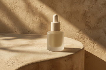 Mockup of a frosted glass dropper bottle with a light wooden cap, placed on a textured beige surface. Premium skincare mockup aesthetic. Organic serum, skincare branding, natural beauty.