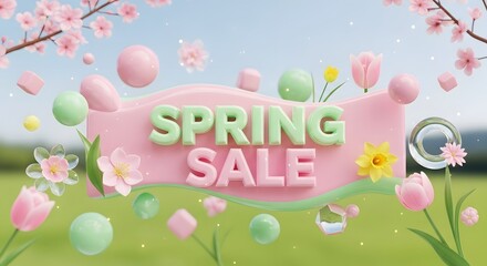 Spring sale advertisement with easter eggs and cherry blossoms