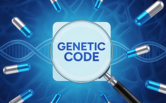 Magnifying glass over genetic code with dna strands and pills