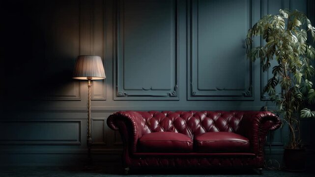Luxurious Red Chesterfield Sofa with Elegant Floor Lamp and Lush Green Plant in a Dimly Lit Room with Dark Gray Paneled Walls