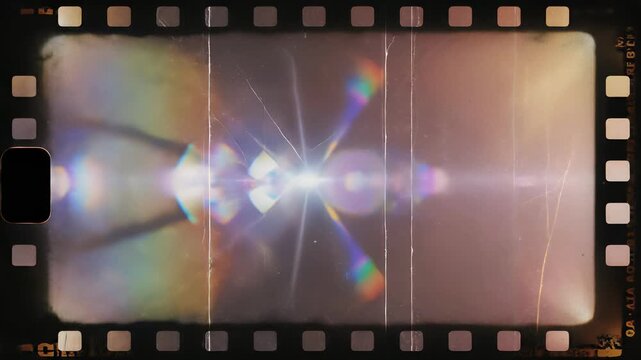 A film strip with lens and star shines bright, its colorful rainbow hued light bursting through darkness, evoking nostalgic concept of classic curiosity and futuristic excitement.