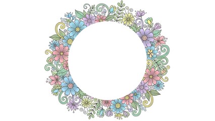 Pastel Floral Wreath Frame with Blank White Center perfect for Greeting cards, wedding invitations, baby shower announcements, website banners, social media