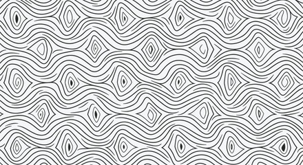 Obraz premium Abstract seamless pattern of hand-drawn black wavy lines and diamond shapes creating a wood grain or fingerprint texture.