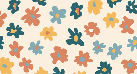 Obraz premium Seamless pattern of abstract hand-drawn flowers in a retro color palette of orange yellow and blue on a beige background.
