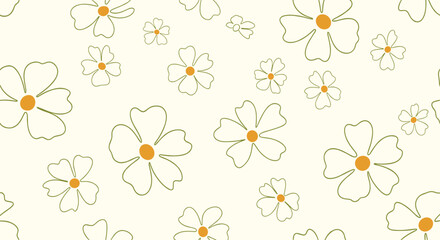 Obraz premium Simple and cute seamless floral pattern with hand-drawn outline daisies on a light yellow background for a fresh design.