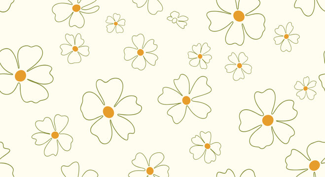 Simple and cute seamless floral pattern with hand-drawn outline daisies on a light yellow background for a fresh design.