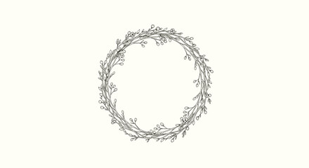 Elegant hand-drawn botanical wreath made of delicate branches and buds creating a simple and rustic circular frame design.