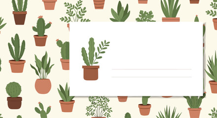 Botanical background with a seamless pattern of houseplants and a blank notecard in the center for text or a personal message.