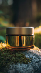 Mockup of a clear glass cosmetic jar with a reflective gold lid sits on a mossy rock in a forest. Vertical shot. Sunlight, warm bokeh. Premium organic cream, luxury nature, golden aesthetic.
