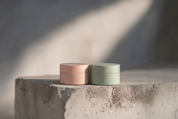 Mockup of two matte cosmetic jars (pink and sage green) on a rough concrete block. Strong light, sharp shadows. Minimalist skincare packaging, pastel aesthetic. Copy space, place for signature.