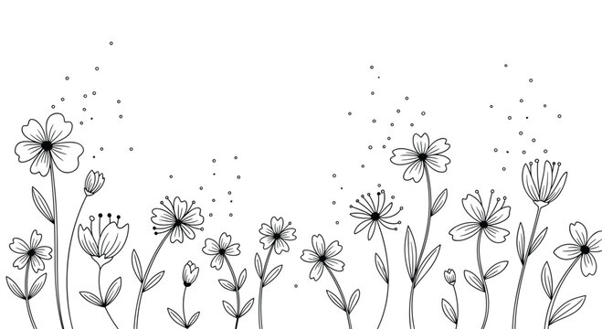 Minimalist black and white illustration of delicate hand-drawn wildflowers along the bottom with ample copy space above.